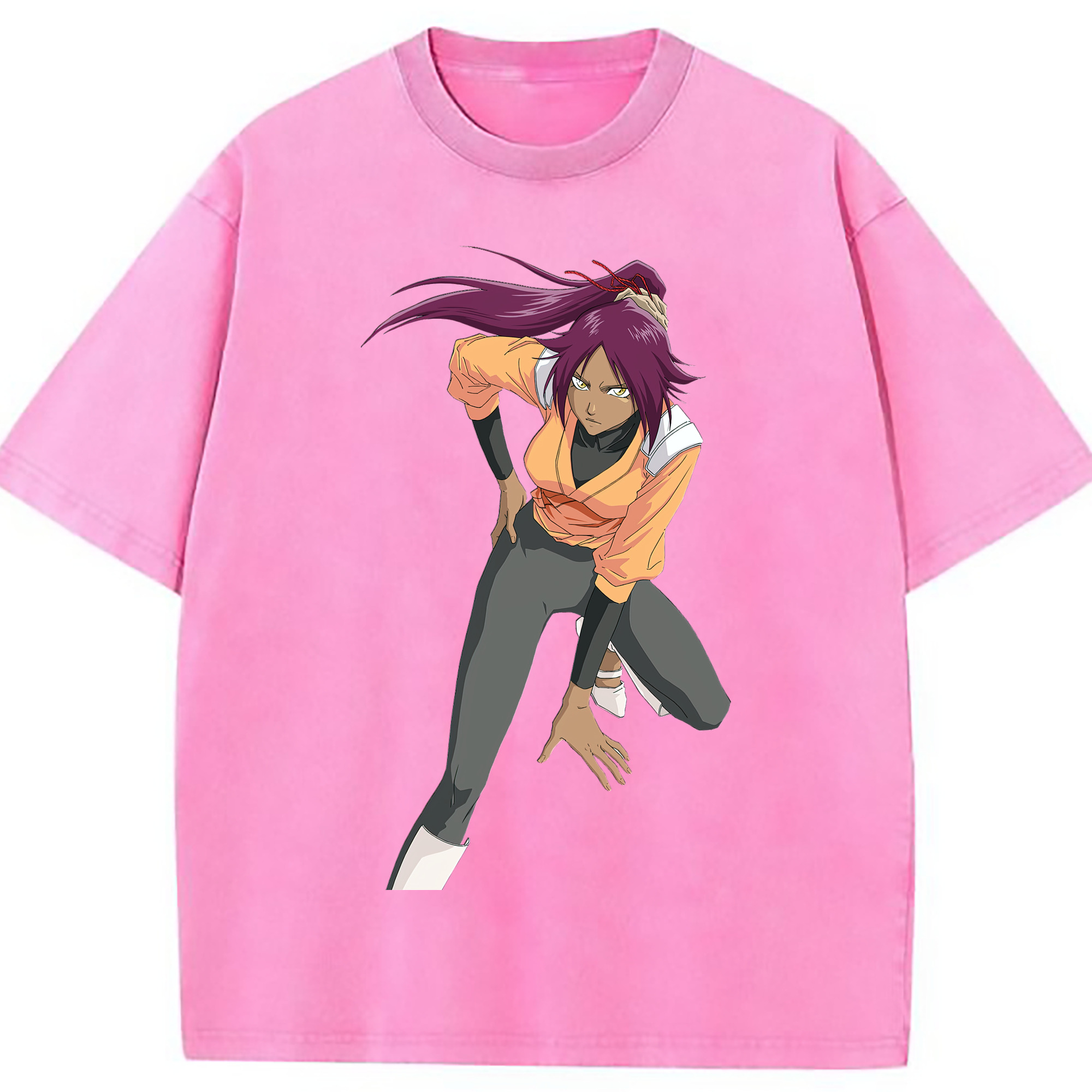 （画像用） ブリーチ 四楓院 夜一（しほういん よるいち） BLEACH Shihouin Yoruichi 綿100% ヴィンテージ風 半袖Tシャツ（フロントプリント）